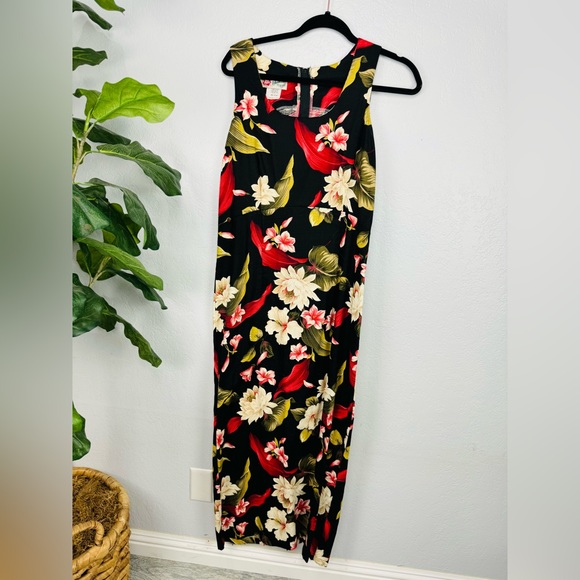 Hilo Hattie Long Maxi Floral a tropical Hawaiian Black Cream Red Maxi Dress - Picture 2 of 5
